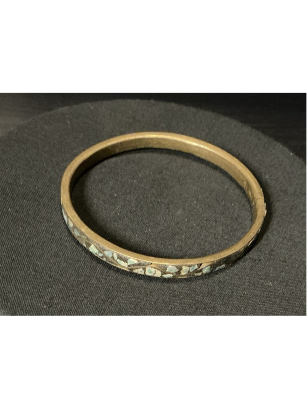 Vintage Brass Bangle Bracelet Crushed Turquoise Chip Inlay Geometric Boho Mexico
